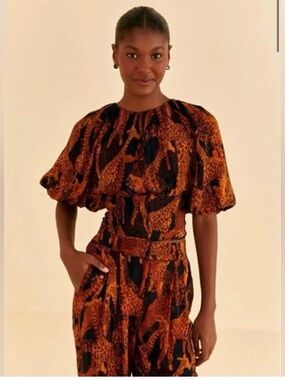 FARM Rio Black and Orange Animal-Print Puff-Sleeve Blouse